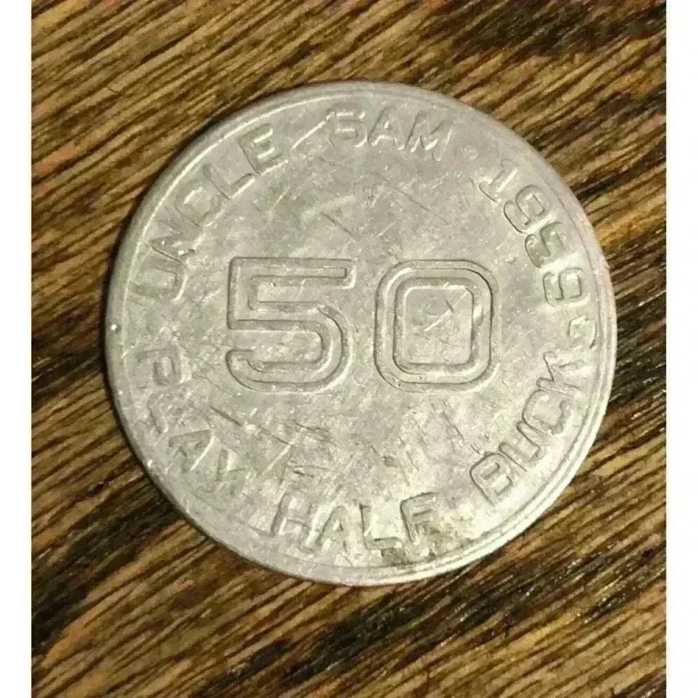 Vintage‎ 1959 Uncle Sam Falsa Pecunia 50 Play Money Half Buck Trade Token Coin